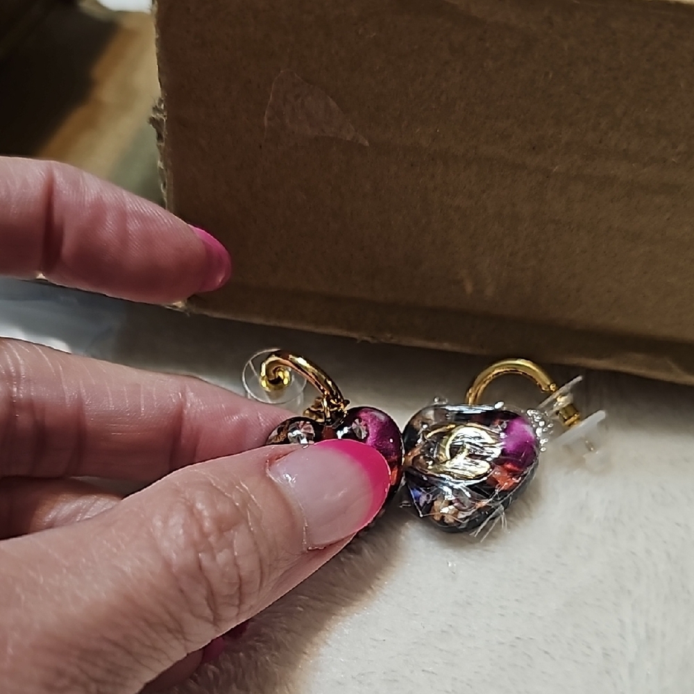 Gold-Tone Pink Heart Drop Earrings